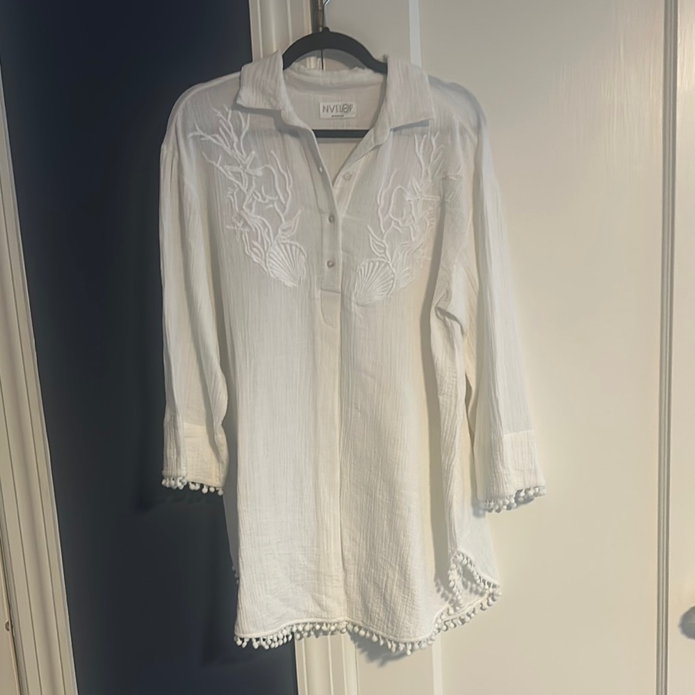 Nvelop Sun IB protection L swim tunic dress White Embroidered Pom-Pom Trim